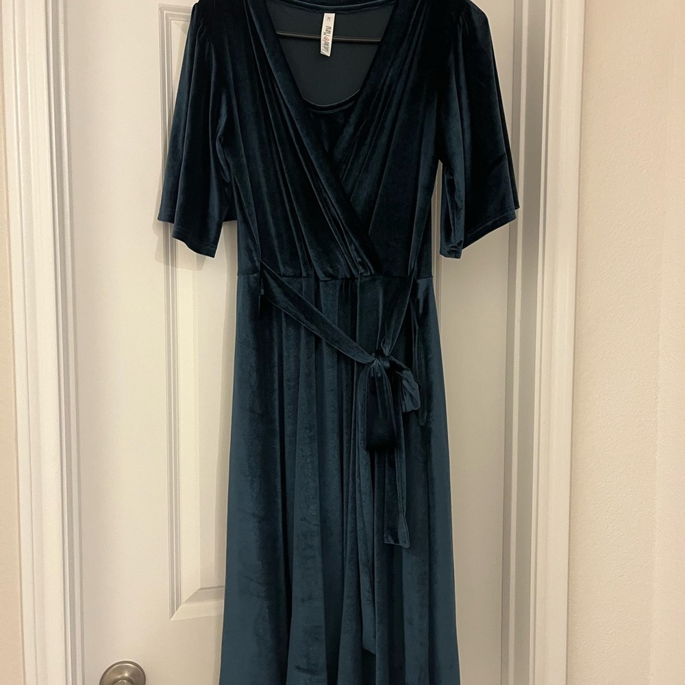 Latched Mama Teal Velour Nursing/Maternity Midi Faux Wrap Dress